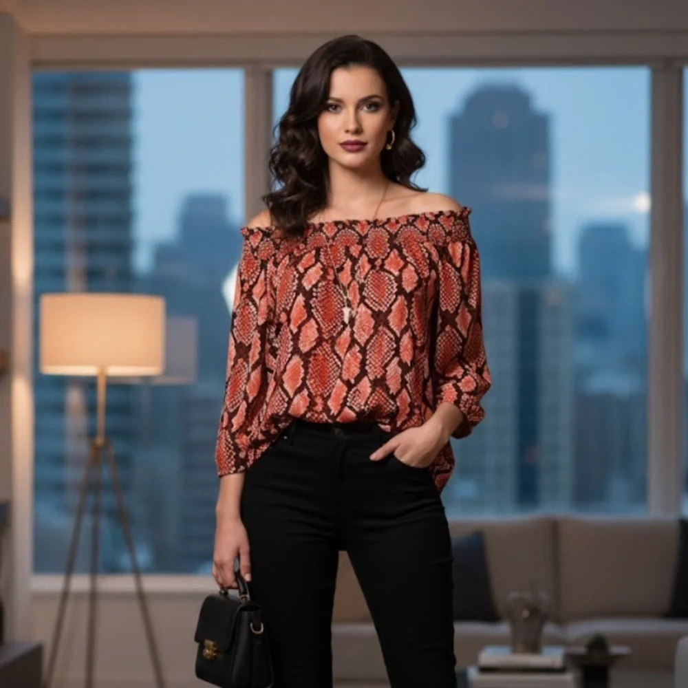 Michael Kors Red‎ and Black Snake Print off shoulder Blouse size XL